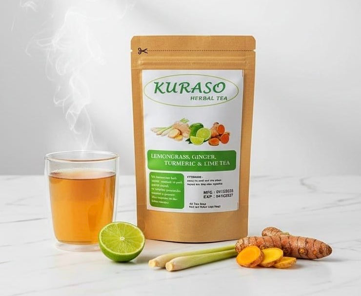 Herbal tea combines lemongrass, ginger, turmeric, and lime.