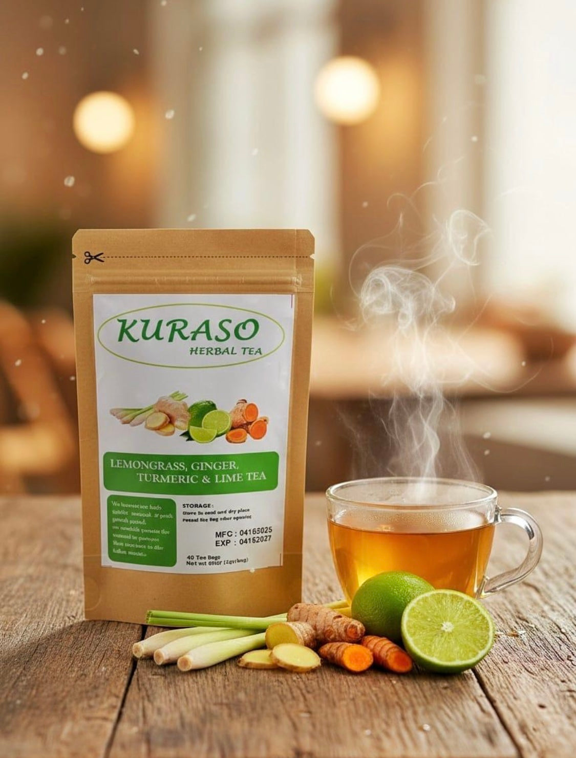 Herbal tea combines lemongrass, ginger, turmeric, and lime.