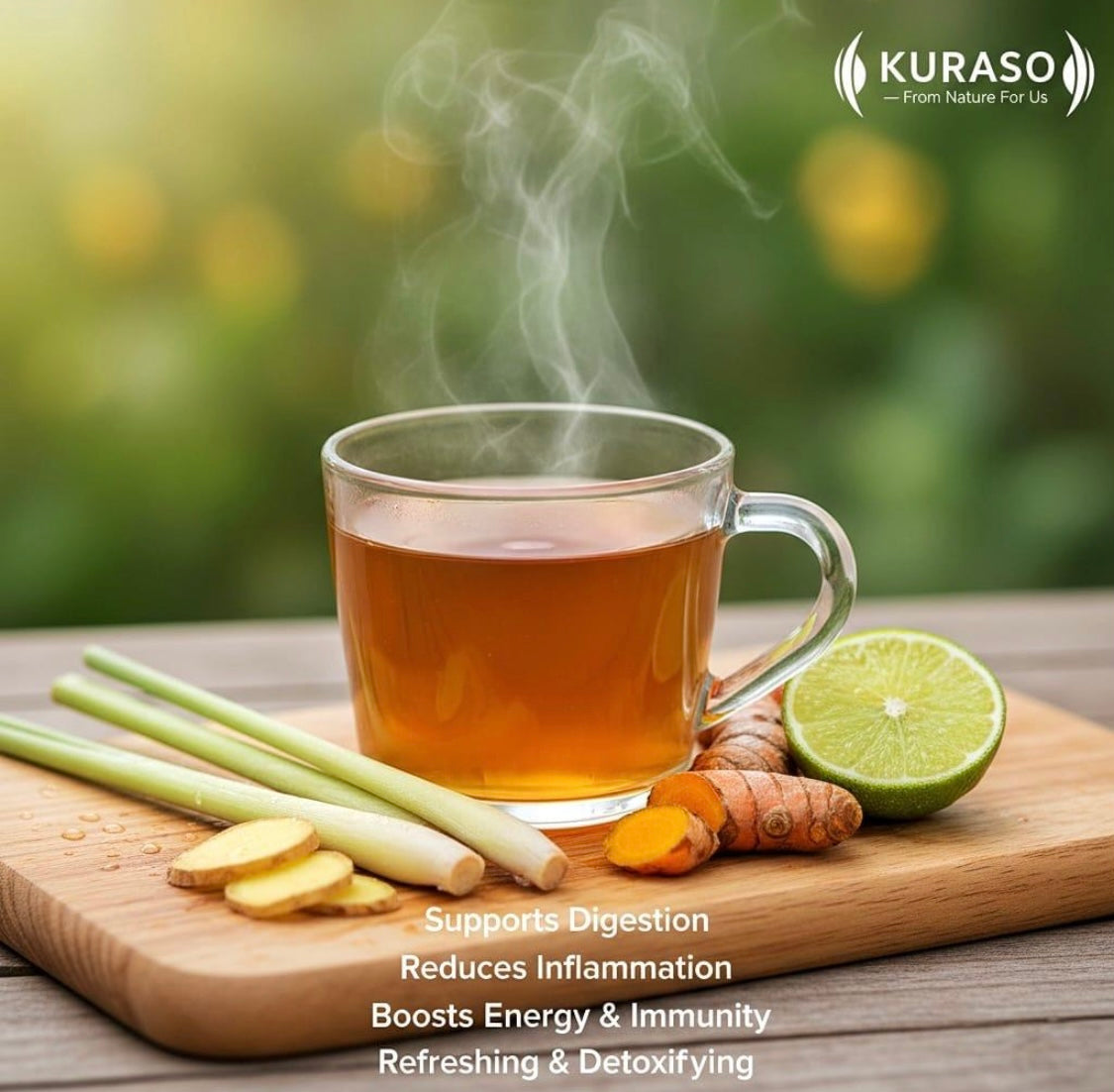 Herbal tea combines lemongrass, ginger, turmeric, and lime.