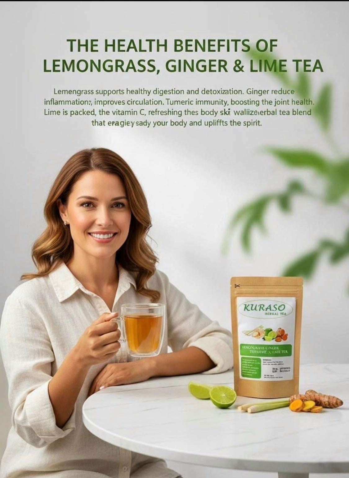 Herbal tea combines lemongrass, ginger, turmeric, and lime.