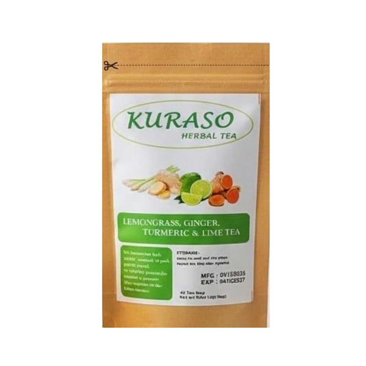 Herbal tea combines lemongrass, ginger, turmeric, and lime.