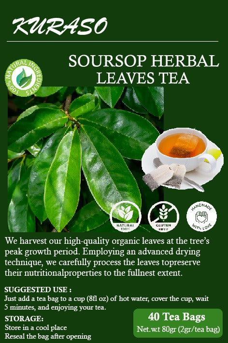 40 Premium Soursop Graviola Guanabana Leaves for Tea, TEA 80gr, 40 Teabag 2g/Teabag. 100% Natural and Pure from Soursop Leaves, for Digestion, Boosting Immune, Improving Sleep & Skin Health, Sugar/Caffeine/Gluten Free, Hoja Guanabana Tea.